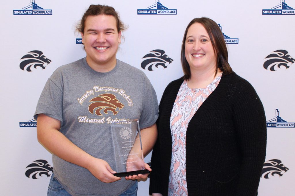 Pictured from left: CTE Student of the Month Edward Huck and Accounting teacher Megan Pintus. 