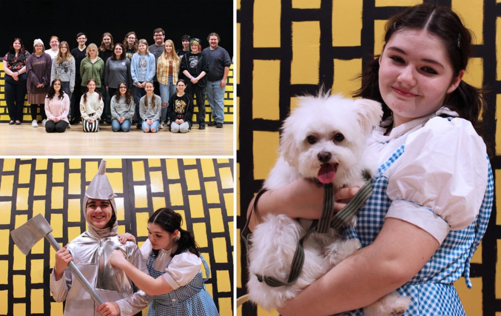 collage of Wizard of Oz characters Khloe Trussell as the Cowardly Lion. Back row from left: Jacob Boyette as the Scarecrow, Rozzalin Wallace as Dorothy, Issac Perry as the Tin Man i front of a painted yellow brick road.