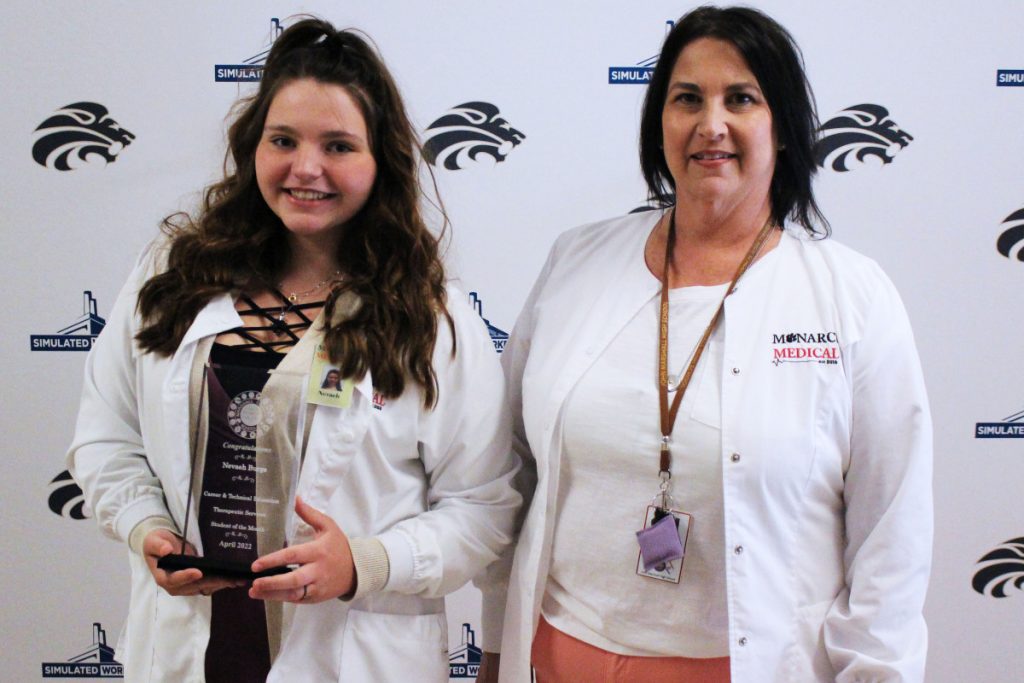 Pictured from left: CTE Student of the Month Nevaeh Burge and Therapeutic Services teacher Lora Kull. 