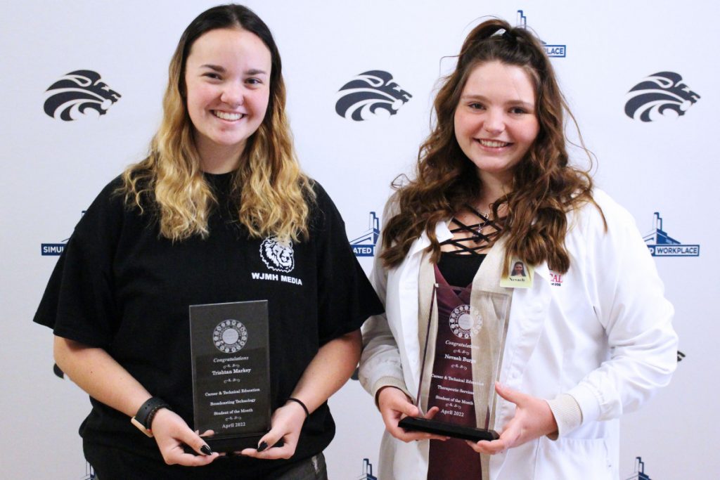 Pictured from left: Broadcasting Technology teacher Carly McElhaney and CTE Student of the Month Trishtan Markey.