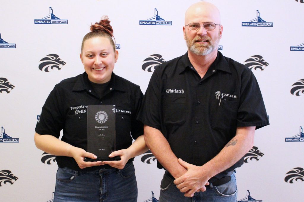 Pictured from left: CTE Student of the Month Jocelynne Wells and Machine Tool teacher Terry Whitlatch.