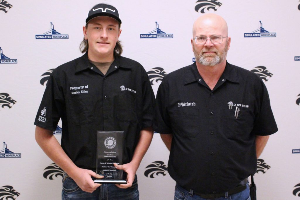 Pictured from left: CTE Student of the Month Brandin Lilley and Machine Tool Technology teacher Terry Whitlatch.