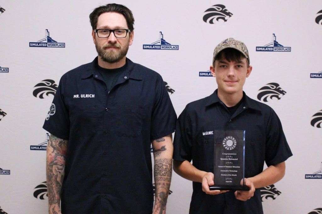 Pictured from left: Automotive Technology teacher Jared Ulrich and CTE Student of the Month Quentin Richmond.
