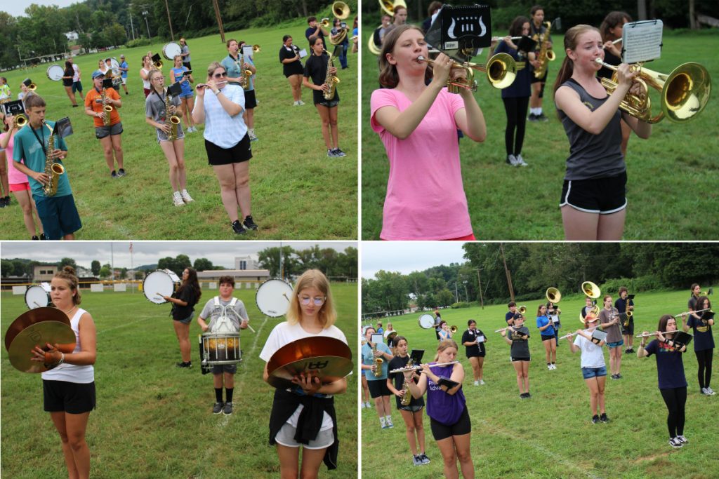 Collage of the band on the practice field.