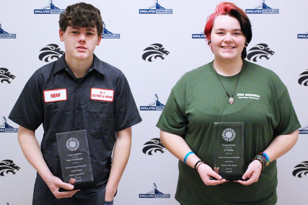 Picture 2: Pictured from left are the JMHS CTE Students of the Month: Noah Courtwright and K. Phillips.