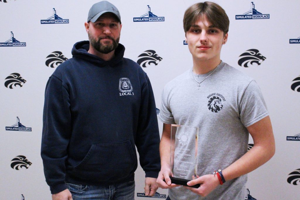 Pictured from left: Carpentry teacher Matt McCardle and CTE Student of the Month Michael Clemons.