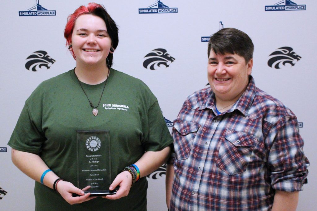 Pictured from left: CTE Student of the Month K. Phillips and Agriculture teacher Nicole Shipman.