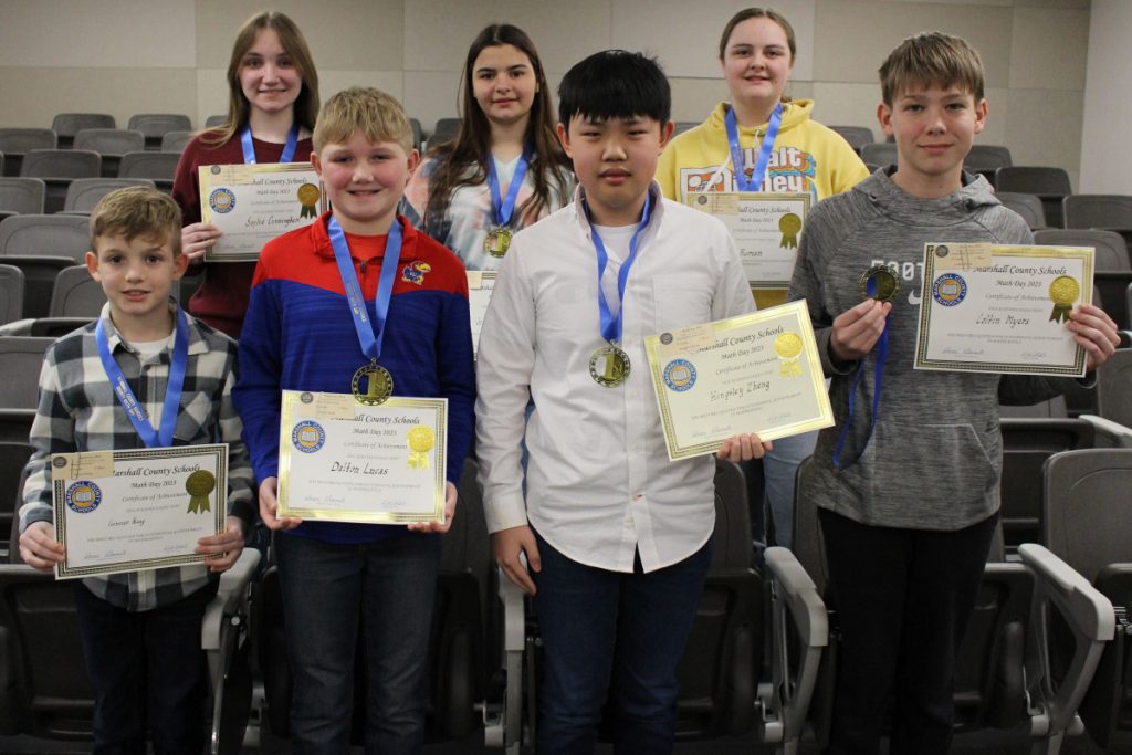 Pictured are the 1st place winners of the 2023 Marshall County Math Field Day. Front row from left: Gunner King, Dalton Lucas, Kingsley Zheng and Coltin Myers. Back row from left: Sophie Cunningham, Sophia Crumm and Lilly Roman.