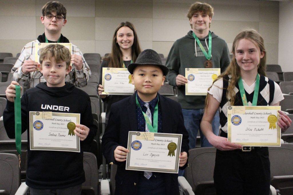 Pictured are the 3rd place winners of the 2023 Marshall County Math Field Day. Front row from left: Josh Naome, Leo Nguyen and Chloe Pickett. Back row from left: Landon Hicks, Sarah McBee and Maverick LeMasters.