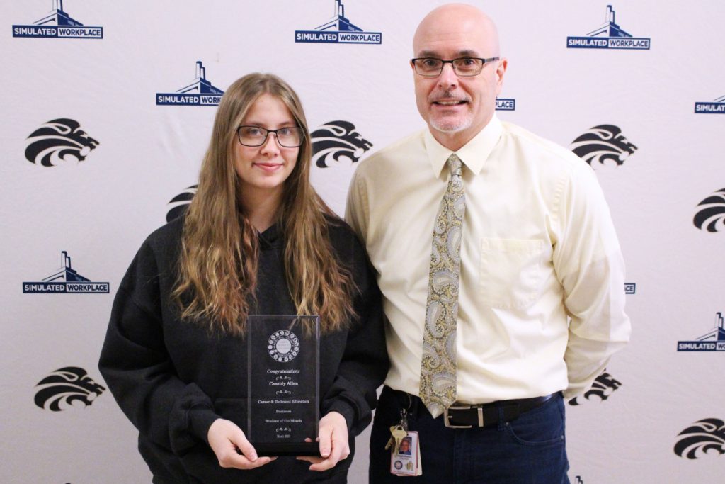 Pictured from left: CTE Student of the Month Cassidy Allen and Principles of Business teacher Joseph Kuskey.