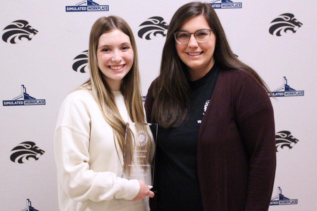 Pictured from left: CTE Student of the Month Maria Evans and Broadcasting Technology teacher Carly McElhaney.