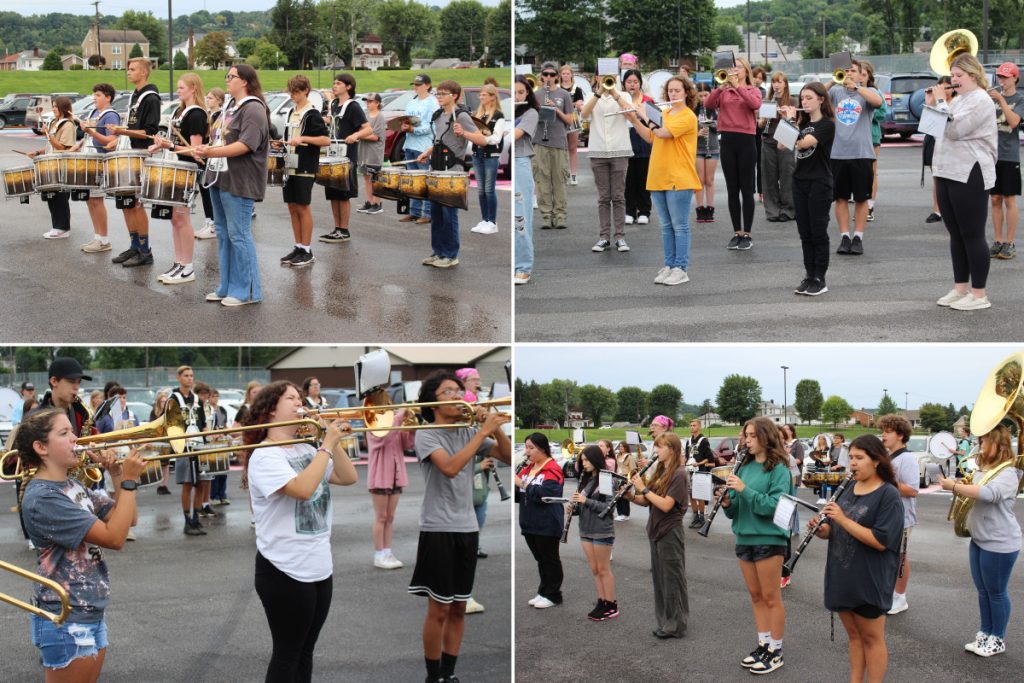 Collage of the band on the student parking lot. 