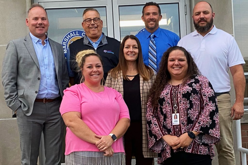 Pictured from left front row: Cameron Elementary counselor Rachel Ciccone, Cameron High School social worker Dana Schrack and Cameron Elementary principal Catherine Folmar. Back row from left: John Marshall High School principal Jason Marling, GameChanger Executive Director Joe Boczek, Cameron High School principal Wyatt O’Neil and John Marshall high School teacher Tim Jones.