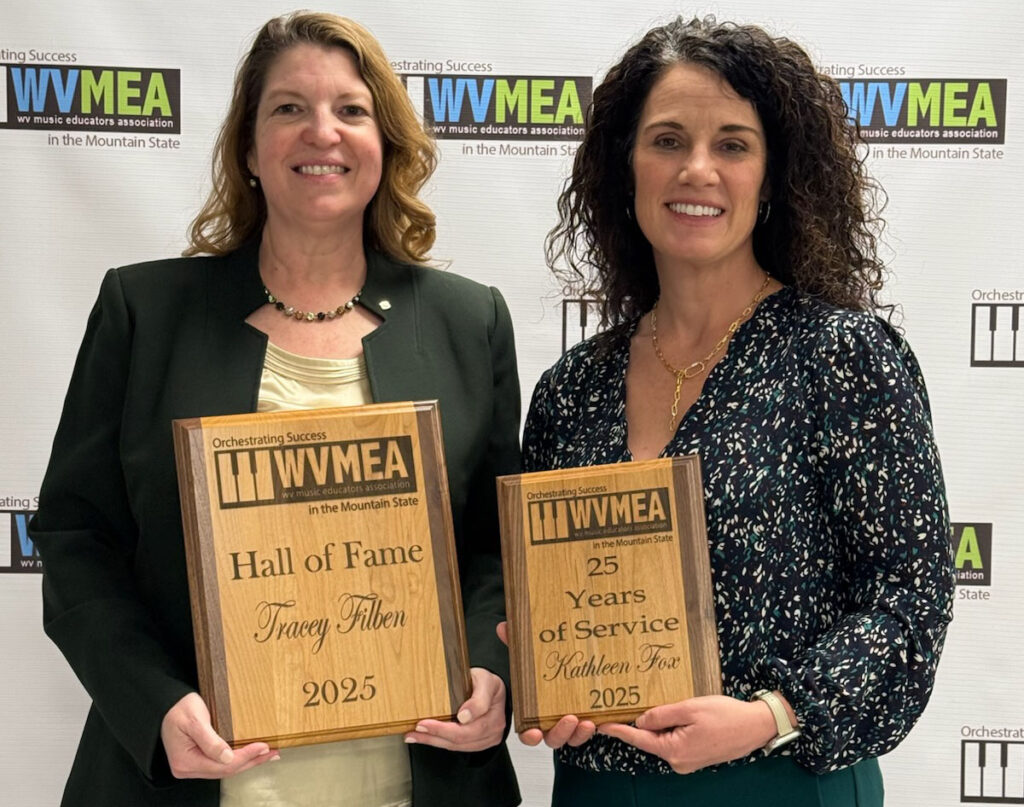 Pictured from left: WVMEA Hall of Fame inductee Tracey Filben and Kathleen Fox, WVMEA 25 Years of Membership award recipient.