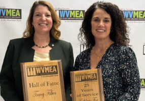 Pictured from left: WVMEA Hall of Fame inductee Tracey Filben and Kathleen Fox, WVMEA 25 Years of Membership award recipient.