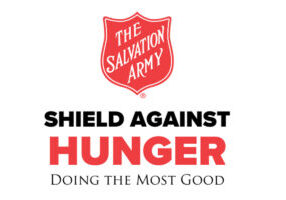 Salvation Army logo with Shield Against Hunger Doing the Most written in black and red.