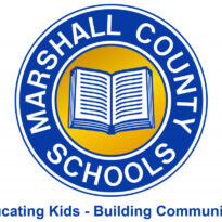 Marshall County Schools gold and blue logo with a book in the center.